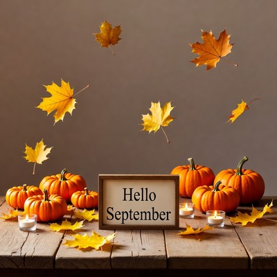 Hello September Pumpkins and Falling Leaves