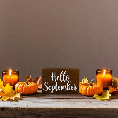 Hello September Wooden Sign with Pumpkins