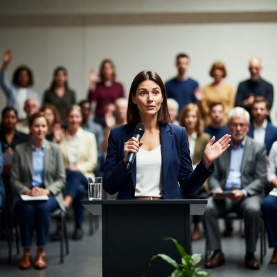 Woman speaking at podium with audience
