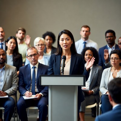 Asian woman speaking at podium