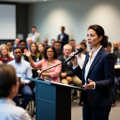 Woman speaking at podium conference