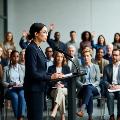 Woman speaking at podium to audience