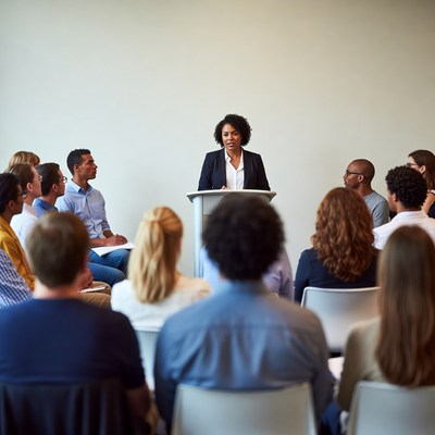 African-American woman speaking at business meeting