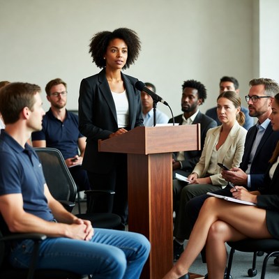 African-American woman speaking at podium