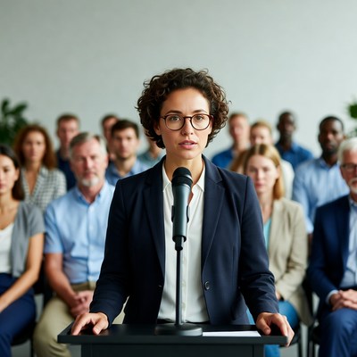 Woman speaking at podium with audience