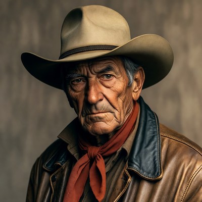 Elderly cowboy wearing hat and bandana