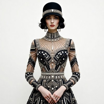 Woman in Beaded Flapper Gown and Cloche Hat