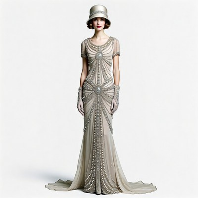 Woman in Beaded Flapper Dress and Cloche Hat