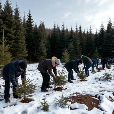 People planting trees in snowy forest