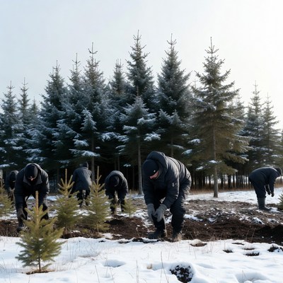 Workers planting trees in snowy forest