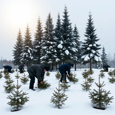 Workers planting fir trees in snowy forest