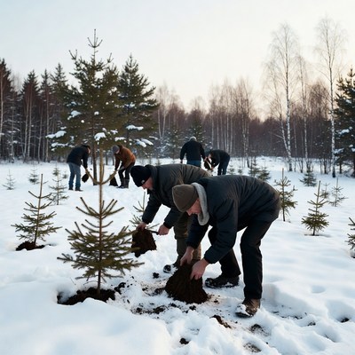 Men planting fir trees in snowy forest