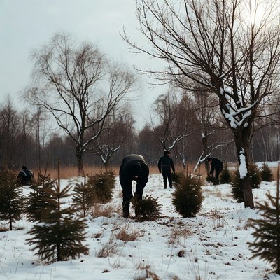 Workers planting trees in snowy forest