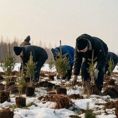 Group planting fir trees in snowy field