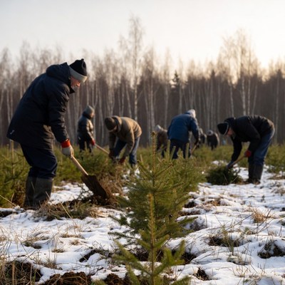 Workers planting fir trees in snowy forest