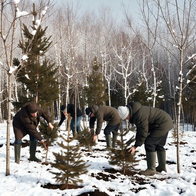 Men planting trees in snowy forest