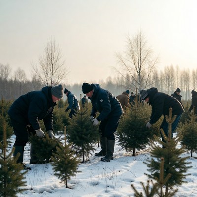 Workers harvesting Christmas trees in snow