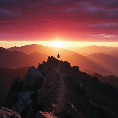 Man standing on mountain peak at sunset