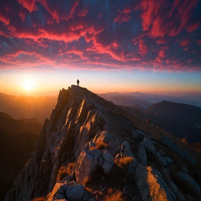Man standing on mountain peak at sunset