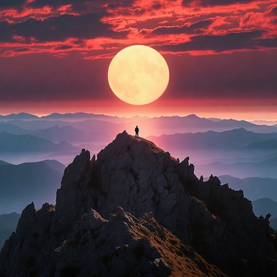 Man standing on mountain peak at sunset