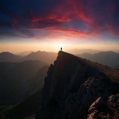 Silhouette man on mountain sunset