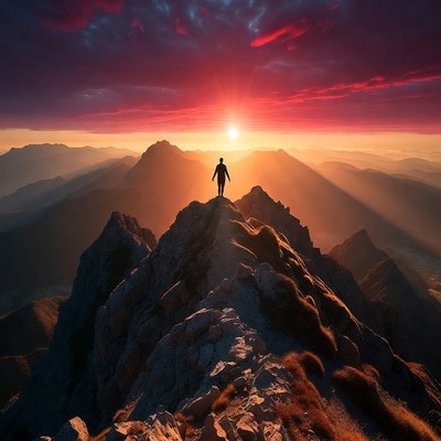 Man standing on mountain peak at sunset