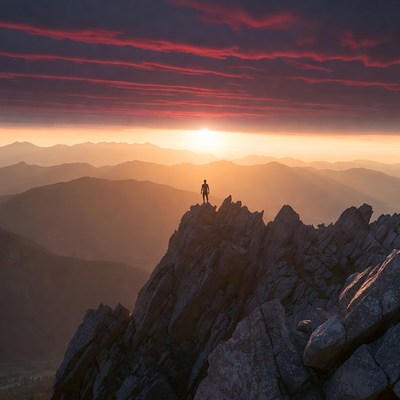 Man standing on mountain peak at sunset