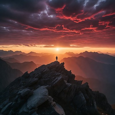 Man standing on mountain peak at sunset