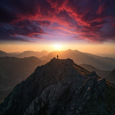 Silhouette man on mountain peak sunset