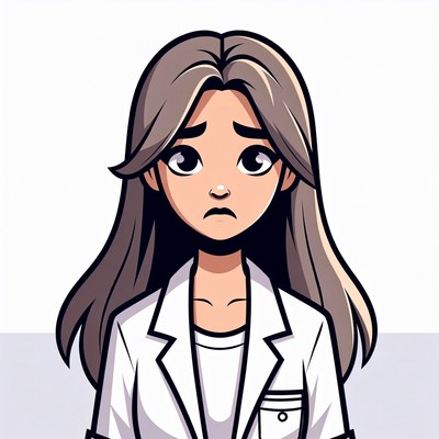 Sad anime woman in white lab coat