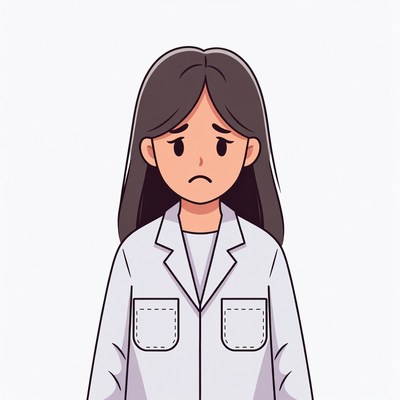 Sad woman in white lab coat