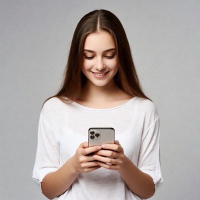 Young woman smiling at smartphone