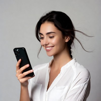 Smiling woman using smartphone