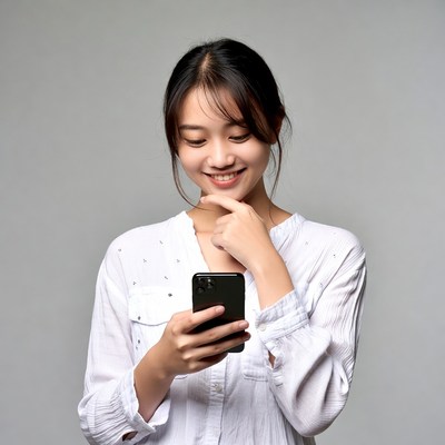 Asian woman smiling using smartphone