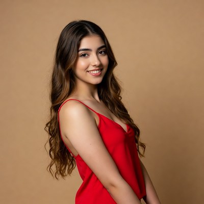 Smiling woman in red dress