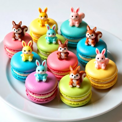 Cute Bunny Squirrel Macarons on Plate