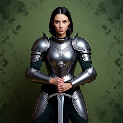 Woman in silver armor holding sword