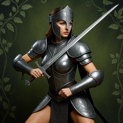Female warrior in silver armor with sword