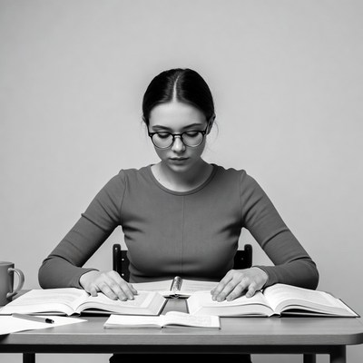 Woman studying with books at desk