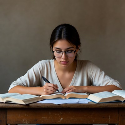 Young woman studying with books