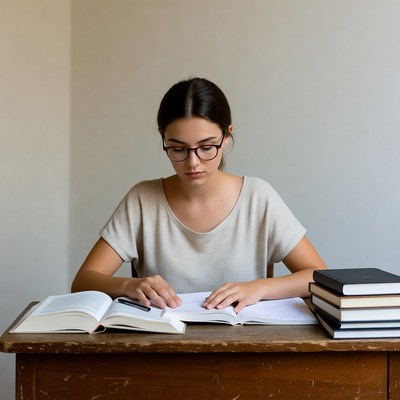 Young woman studying at wooden desk