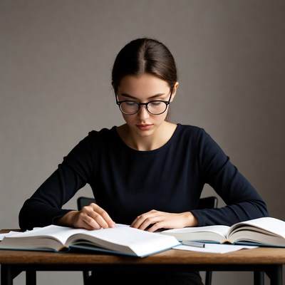 Woman studying books at desk