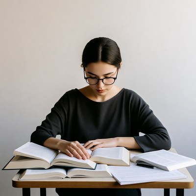 Asian woman studying books at desk