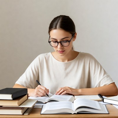 Woman studying with books and glasses