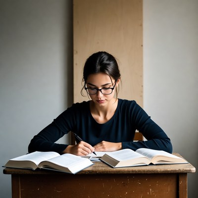 Woman writing at wooden desk