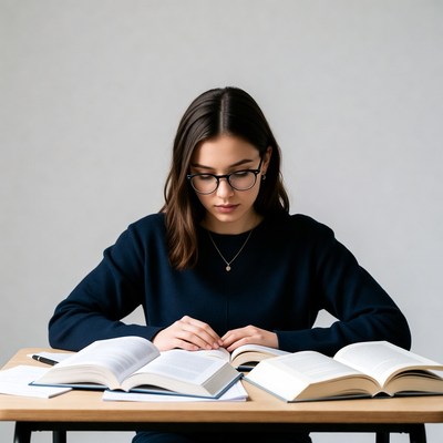 Woman studying with open books