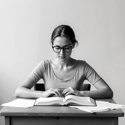 Woman reading book at desk