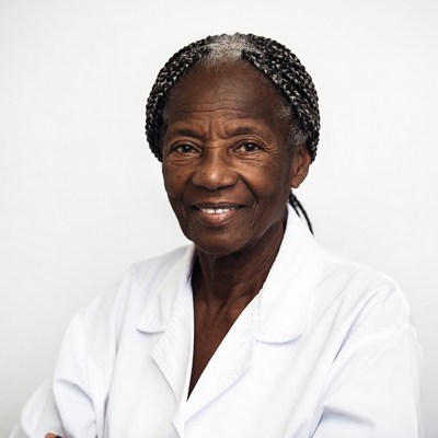 Elderly African-American woman in white coat