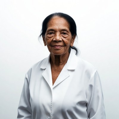 Elderly Asian woman in white lab coat