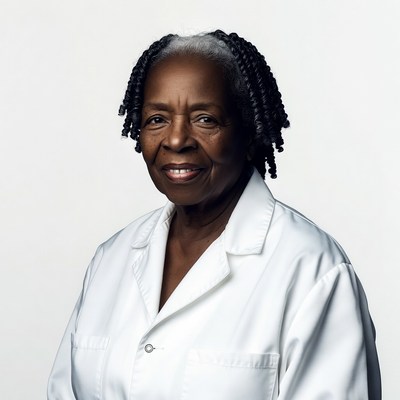 Elderly African-American woman in white lab coat